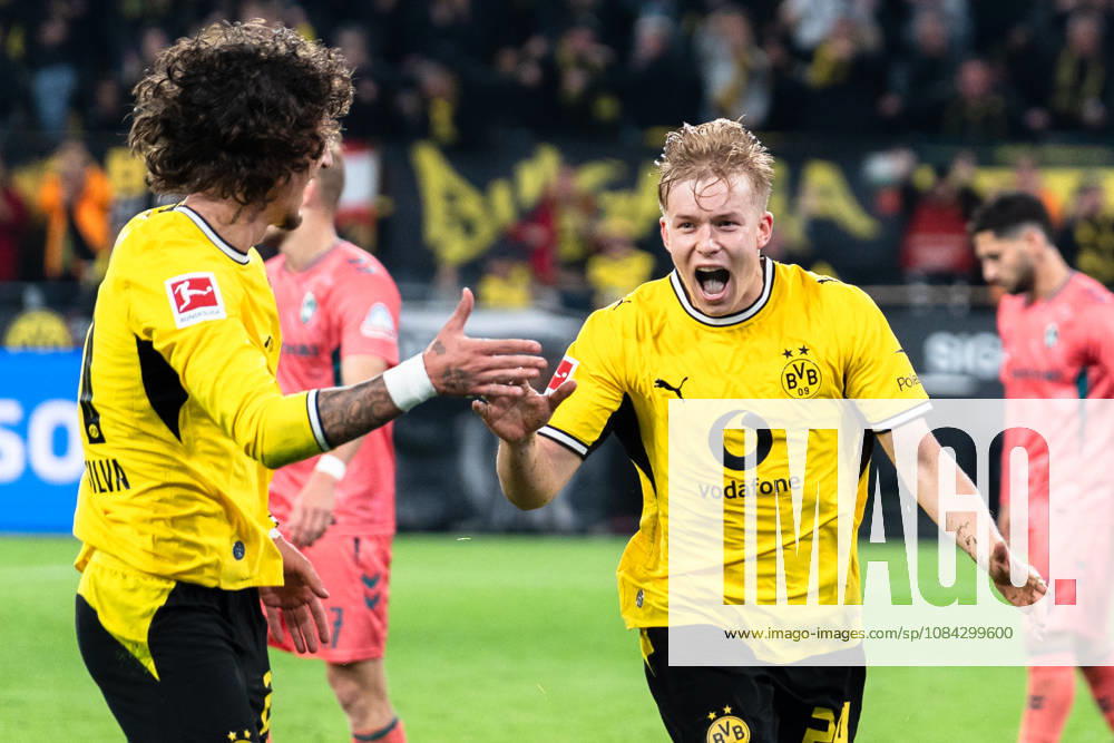 Deutschland: 1. Bundesliga 2026 2027, 5. Spieltag: Borussia Dortmund vs. Werder Bremen 09.10.2026 Signal Iduna Park (Nordrhein-Westfalen) Tor zum 1:0 durch Daniel Svensson (Borussia Dortmund, 24) Jubel Freude Emotionen Torjubel Fabio Silva (Borussia Dortmund, 21)