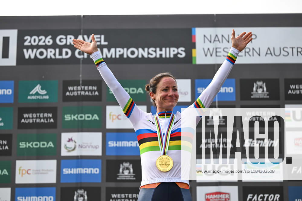 2026 UCI Gravel World Championships Picture by Zac Williams SWpix.com - 10 10 2026 - Cycling - 2026 UCI Gravel World Championships - Nannup, Western Australia, Australia - Womens Elite Podium - Marianne Vos (Netherlands) wins the Gold Medal to become World Champion