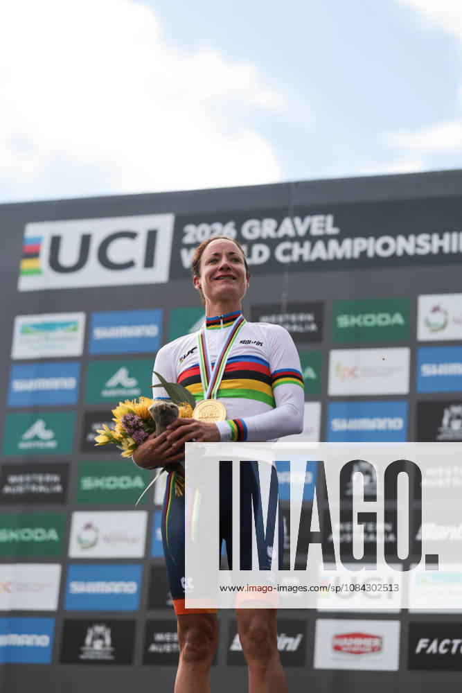 2026 UCI Gravel World Championships Picture by James Raison SWpix.com - 10 10 2026 - Cycling - 2026 UCI Gravel World Championships - Nannup, Western Australia, Australia - Womens Elite Podium - Marianne Vos (Netherlands) wins the Gold Medal to become World Champion