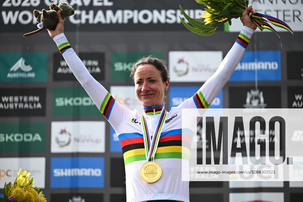 2026 UCI Gravel World Championships Picture by Zac Williams SWpix.com - 10 10 2026 - Cycling - 2026 UCI Gravel World Championships - Nannup, Western Australia, Australia - Womens Elite Podium - Marianne Vos (Netherlands) wins the Gold Medal to become World Champion