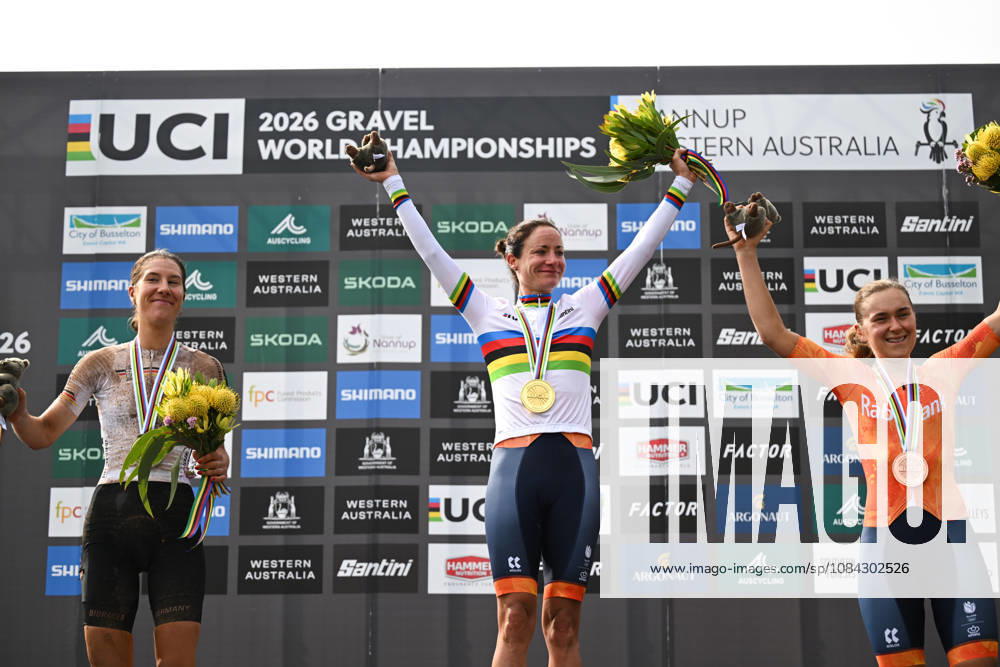 2026 UCI Gravel World Championships Picture by Zac Williams SWpix.com - 10 10 2026 - Cycling - 2026 UCI Gravel World Championships - Nannup, Western Australia, Australia - Womens Elite Podium - Marianne Vos (Netherlands) wins the Gold Medal to become World Champion with Rosa Klöser (Germany) receiving the Silver Medal and Larissa Hartog (Netherlands) receiving the Bronze Medal