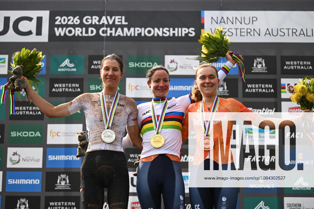 2026 UCI Gravel World Championships Picture by Zac Williams SWpix.com - 10 10 2026 - Cycling - 2026 UCI Gravel World Championships - Nannup, Western Australia, Australia - Womens Elite Podium - Marianne Vos (Netherlands) wins the Gold Medal to become World Champion with Rosa Klöser (Germany) receiving the Silver Medal and Larissa Hartog (Netherlands) receiving the Bronze Medal