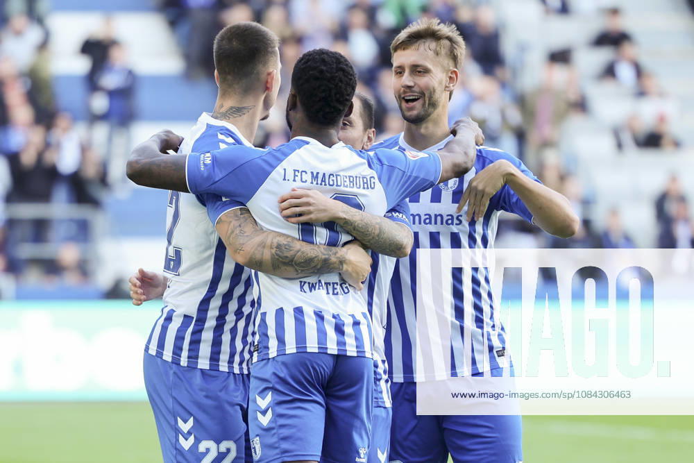 Moritz-Broni Kwarteng (1. FC Magdeburg) bejubelt seinen Treffer mit den Teamkollegen waehrend des spiels der 2. Bundesliga zwischen 1. FC Magdeburg und Hannover 96, Avnet Arena am 10. October 2026 in Magdeburg, Deutschland. (Foto von Marco Steinbrenner DeFodi Images) +++ Moritz-Broni Kwarteng (1. FC Magdeburg) celebrates his goal with teammates during the 2nd Bundesliga match between 1. FC Magdeburg and Hannover 96 at Avnet Arena on October 10, 2026 in Magdeburg, Germany. (Photo by Marco Steinbrenner DeFodi Images) DFB DFL REGULATIONS PROHIBIT ANY USE OF PHOTOGRAPHS AS IMAGE SEQUENCES AND OR QUASI-VIDEO. (Photo by Marco Steinbrenner DeFodi Images) -