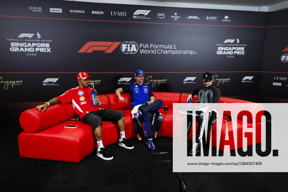 F1 - SINGAPORE GRAND PRIX 2026 Post Sprint Race, press conference, PK, Pressekonferenz HAMILTON Lewis (gbr), Scuderia Ferrari SF-26, VERSTAPPEN Max (nld), Red Bull Racing Ford RB22, LECLERC Charles (mco), Scuderia Ferrari SF-26, portrait during the 2026 Formula 1 Singapore Grand Prix, 17th round of the 2026 Formula One World Championship, WM, Weltmeisterschaft from October 9 to 11, 2026 on the Marina Bay Street Circuit, in Singapore, Singapore - SingaporeSingapore