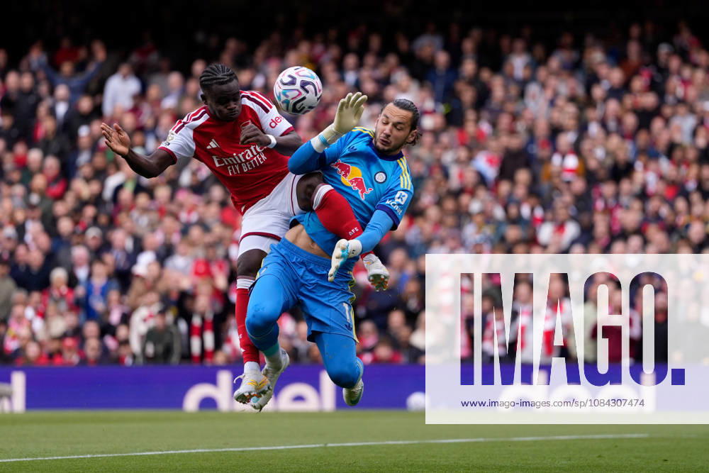 10th October 2026; Emirates Stadium, London, England; Premier League Football, Arsenal versus Leeds United; Bukayo Saka of Arsenal has his shot saved by James Trafford of Leeds United TomxMajor