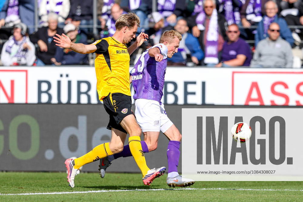 2026.10.10, Fußball, 2. Bundesliga, VfL Osnabrück - SG Dynamo Dresden, Stadion an der Bremer Brücke, 7.Spieltag, Saison 2026 2027: Vincent Vermeij (SG Dynamo Dresden 9) im Zweikampf gegen Niklas Wiemann (VfL Osnabrueck 25) DFB regulations prohibit any use of photographs as image sequences and or quasi-video. Photo: WilkowskixPressefotoKochx Niedersachsen Deutschland