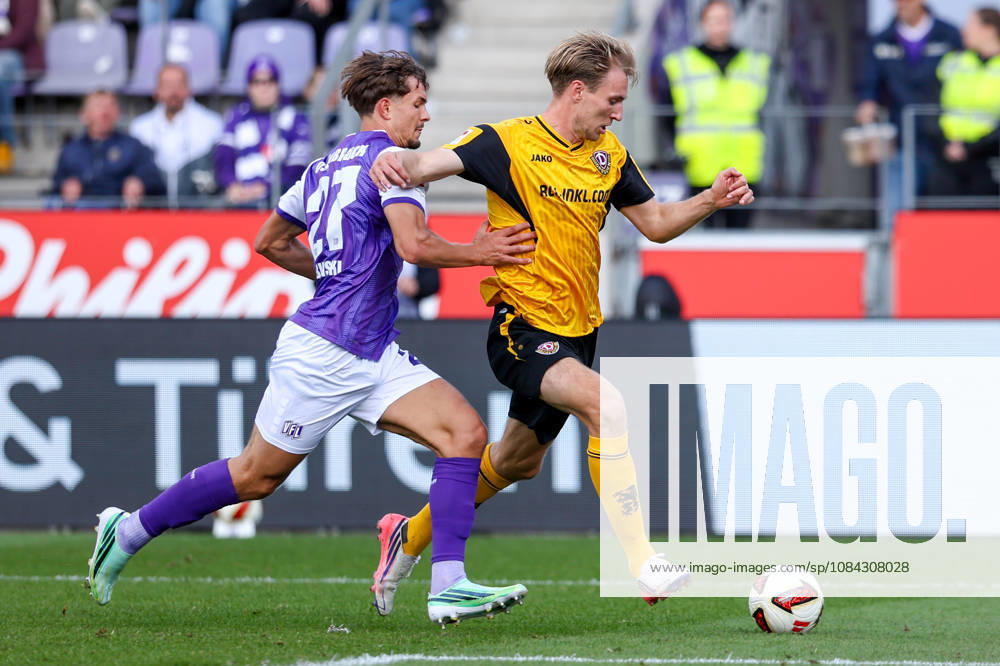 2026.10.10, Fußball, 2. Bundesliga, VfL Osnabrück - SG Dynamo Dresden, Stadion an der Bremer Brücke, 7.Spieltag, Saison 2026 2027: Vincent Vermeij (SG Dynamo Dresden 9) im Zweikampf gegen Robin Fabinski (VfL Osnabrueck 27) DFB regulations prohibit any use of photographs as image sequences and or quasi-video. Photo: WilkowskixPressefotoKochx Niedersachsen Deutschland