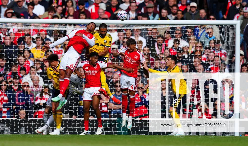 Gabriel Magalhaes of Arsenal clears under pressure from Dominic Calvert-Lewin of Leeds United Arsenal v Leeds United, Premier League, Football, Emirates Stadium, London, UK - 10 Oct 2026London Emirates Stadium United Kingdom