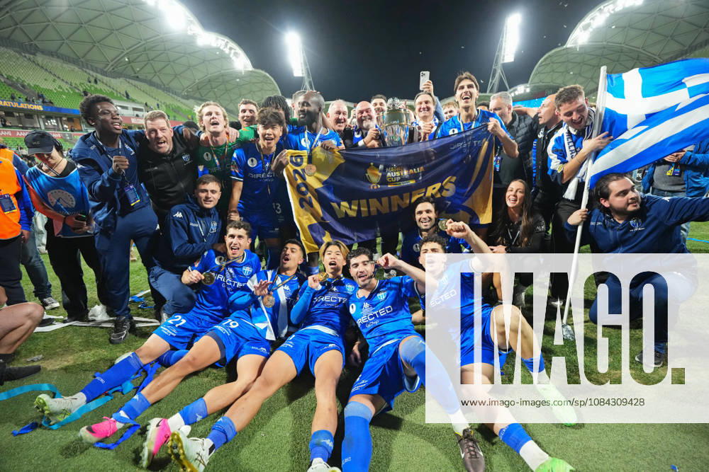 AUSTRALIA CUP SOUTH MELBOURNE VICTORY, South Melbourne celebrate with the trophy after winning the Australia Cup final match between South Melbourne FC and Melbourne Victory FC at AAMI Park in Melbourne, Saturday, October 10, 2026. ( NO ARCHIVING, MELBOURNE VICTORIA Australia