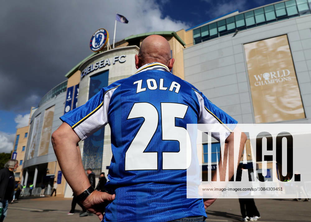 10th October 2026; Stamford Bridge, London, England; Premier League Football, Chelsea versus Bournemouth; Chelsea fan wearing a Gianfranco Zola of Chelsea home shirt outside Stamford Bridge JohnxPatrickxFletcher