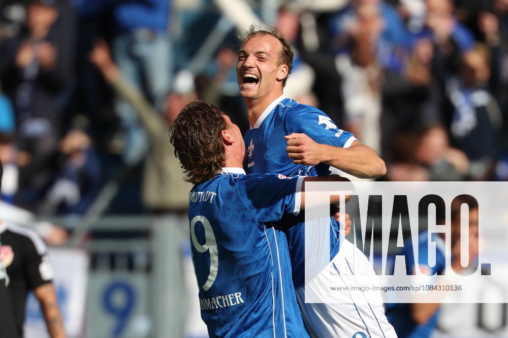 2026.10.10 Fussball 2.Bundesliga SV Darmstadt 98 - Energie Cottbus v.l., Fynn Luca Lakenmacher (SV Darmstadt 98) and Yannik Luehrs (SV Darmstadt 98) seen celebrating after scoring goal to 3:1