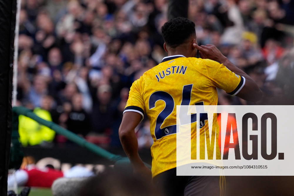 10th October 2026; Emirates Stadium, London, England; Premier League Football, Arsenal versus Leeds United; James Justin of Leeds United runs away to celebrate after opening the scoring to make it 1-0 TomxMajor