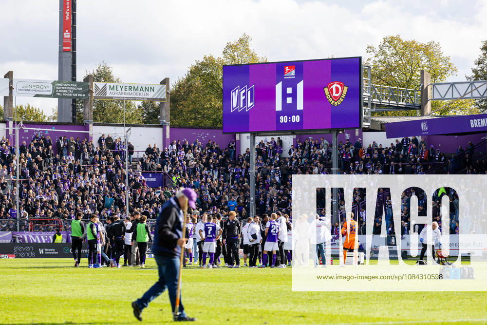 Anzeigetafel mit dem Stand von 1:1 nach Abpfiff GER, VfL Osnabrueck vs. SG Dynamo Dresden, Fussball, 2. Bundesliga, 7. Spieltag, Spielzeit 2026 2027, 10.10.2026 DFL Regulations prohibit any use of photographers as image sequences and or quasi-video. GER, VfL Osnabrueck vs. SG Dynamo Dresden, Fussball, 2. Bundesliga, 7. Spieltag, Spielzeit 2026 2027, 10.10.2026 Osnabrueck