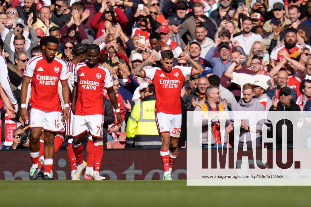 10th October 2026; Emirates Stadium, London, England; Premier League Football, Arsenal versus Leeds United; Bruno Guimaraes of Arsenal celebrates point to the back of his shirt after scoring to make it 2-1 in the 70th minute TomxMajor