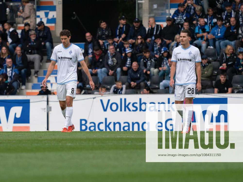 Maximilian Thalhammer (SV Waldhof Mannheim, 08) und Diego Michel (SV Waldhof Mannheim, 28) enttaeuscht nach 0:1 durch Luca Molinari (SG Sonnenhof Grossaspach, 21) GER, Fussball, SG Sonnenhof Grossaspach vs. SV Waldhof Mannheim, 3. Liga, 8. Spieltag, Aspach, Saison 2026 2027, 10.10.2026 GER, Fussball, SG Sonnenhof Grossaspach vs. SV Waldhof Mannheim, 3. Liga, 8. Spieltag, Aspach, Saison 2026 2027, 10.10.2026 Aspach