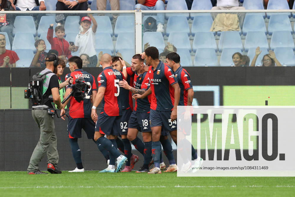 GenoaÕs Milutin Osmajic celebrates after scoring a goal for his team during the Serie A soccer match between Genoa and Fiorentina at the Luigi Ferraris Stadium in Genoa, Italy - Saturday, October 10, 2026. - Soccer .