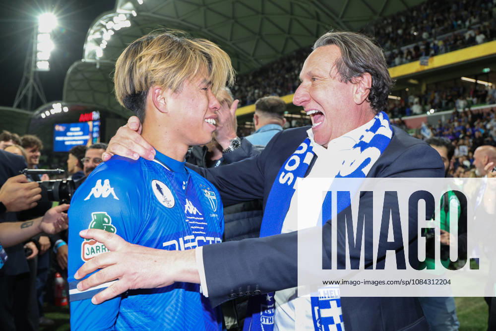 MELBOURNE, AUSTRALIA - OCTOBER 10: Bill Papastergiadis celebrates with Yuki Uchida of South Melbourne FC in the Australia Cup Final match against Melbourne Victory FC at AAMI Park on October 10, 2026 in Melbourne, Austr0alia. South Melbourne FC V Melbourne Victory FC - Australia Cup 2026 Final - ZUMAp121 20261010_zsp_p121_015