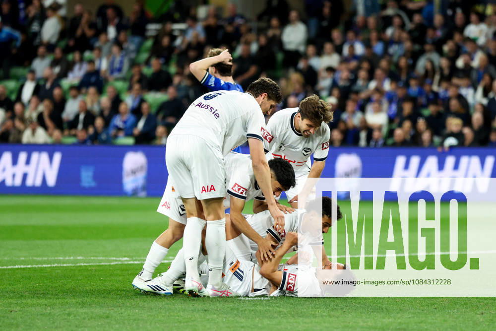 MELBOURNE, AUSTRALIA - OCTOBER 10: Melbourne Victory FC celebrate Denis Genreau scoring in the Australia Cup Final match between South Melbourne FC and Melbourne Victory FC at AAMI Park on October 10, 2026 in Melbourne, Austr0alia. South Melbourne FC V Melbourne Victory FC - Australia Cup 2026 Final - ZUMAp121 20261010_zsp_p121_011
