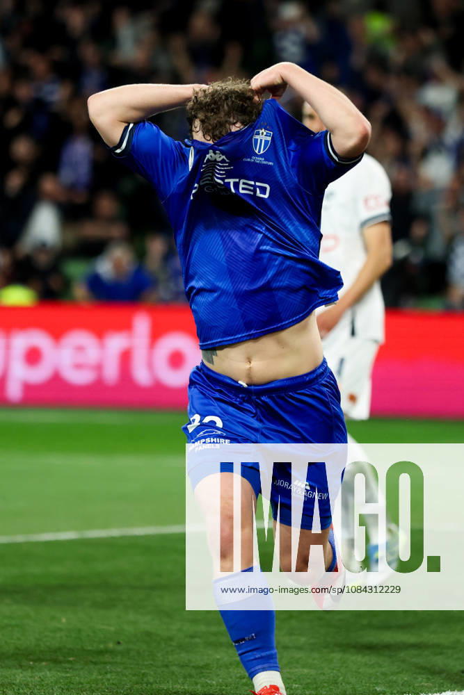 MELBOURNE, AUSTRALIA - OCTOBER 10: Maximillian Mikkola celebrates scoring in the Australia Cup Final match between South Melbourne FC and Melbourne Victory FC at AAMI Park on October 10, 2026 in Melbourne, Austr0alia. South Melbourne FC V Melbourne Victory FC - Australia Cup 2026 Final - ZUMAp121 20261010_zsp_p121_012