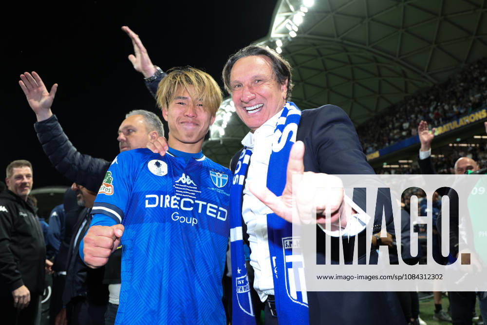 MELBOURNE, AUSTRALIA - OCTOBER 10: Bill Papastergiadis celebrates with Yuki Uchida of South Melbourne FC in the Australia Cup Final match against Melbourne Victory FC at AAMI Park on October 10, 2026 in Melbourne, Austr0alia. South Melbourne FC V Melbourne Victory FC - Australia Cup 2026 Final - ZUMAp121 20261010_zsp_p121_016