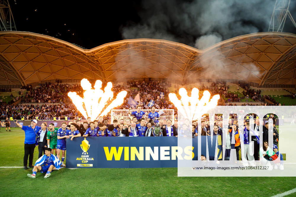 MELBOURNE, AUSTRALIA - OCTOBER 10: South Melbourne FC celebrates after defeating Melbourne Victory FC in the 2026 Hahn Australia Cup Final at AAMI Park on October 10, 2026 in Melbourne, Australia. South Melbourne FC V Melbourne Victory FC - Australia Cup 2026 Final - ZUMAp121 20261010_zsp_p121_021