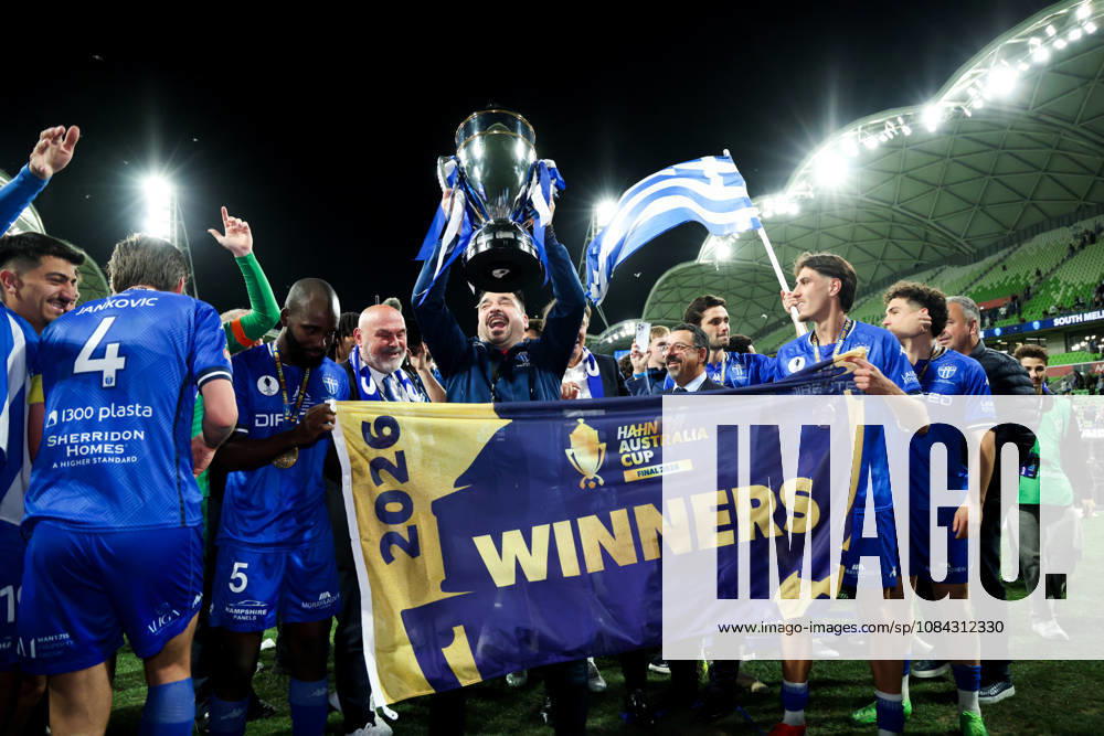 MELBOURNE, AUSTRALIA - OCTOBER 10: South Melbourne FC celebrates after defeating Melbourne Victory FC in the 2026 Hahn Australia Cup Final at AAMI Park on October 10, 2026 in Melbourne, Australia. South Melbourne FC V Melbourne Victory FC - Australia Cup 2026 Final - ZUMAp121 20261010_zsp_p121_025