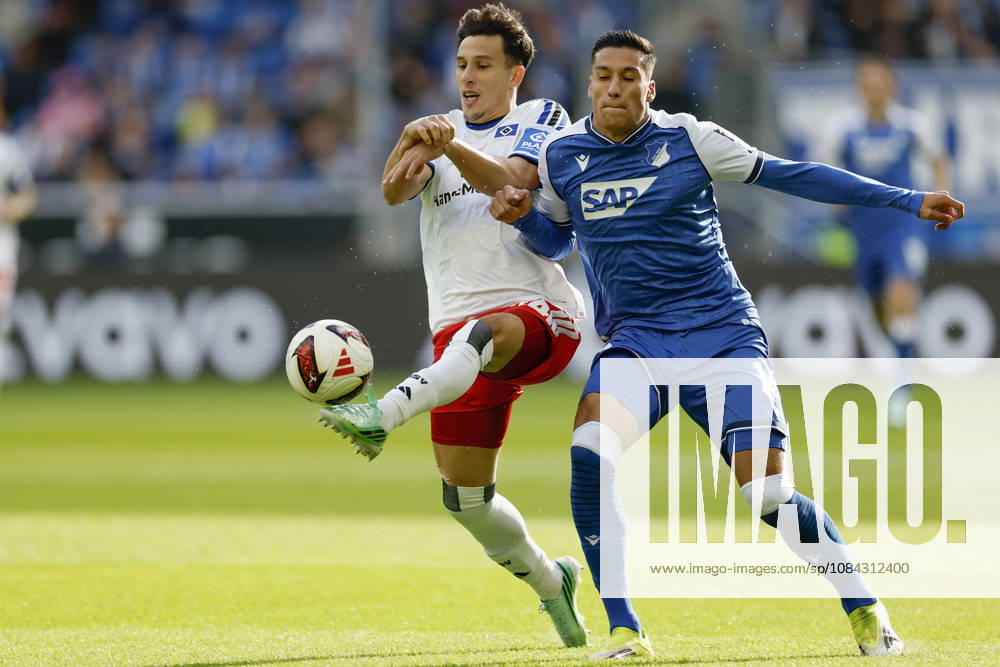 V.l.n.r.: Nicolás Capaldo (HSV) und Adam Daghim (TSG Hoffenheim), im Bundesliga-Spiel zwischen der TSG 1899 Hoffenheim und dem Hamburger SV in der PreZero Arena, Sinsheim, Deutschland, am 10. Oktober 2026. in action during the Bundesliga match between TSG 1899 Hoffenheim and Hamburger SV at the PreZero Arena, Sinsheim, Germany, on October 10, 2026. DFB DFL REGULATIONS PROHIBIT ANY USE OF PHOTOGRAPHS AS IMAGE SEQUENCES AND OR QUASI-VIDEO,
