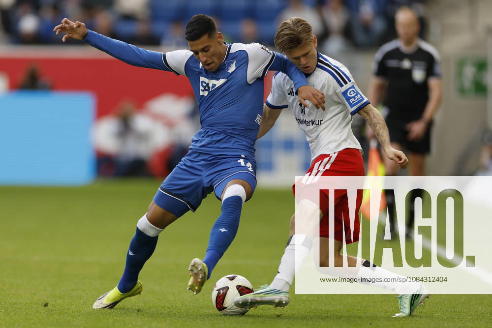 V.l.n.r.: Adam Daghim (TSG Hoffenheim) und David Moller Wolfe (HSV), im Bundesliga-Spiel zwischen der TSG 1899 Hoffenheim und dem Hamburger SV in der PreZero Arena, Sinsheim, Deutschland, am 10. Oktober 2026. in action during the Bundesliga match between TSG 1899 Hoffenheim and Hamburger SV at the PreZero Arena, Sinsheim, Germany, on October 10, 2026. DFB DFL REGULATIONS PROHIBIT ANY USE OF PHOTOGRAPHS AS IMAGE SEQUENCES AND OR QUASI-VIDEO,