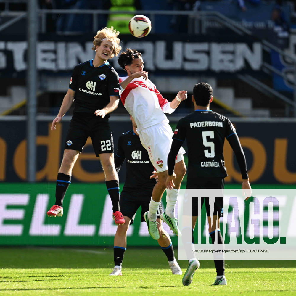 Paderborn, Home-Deluxe-Arena, 10.10.26, GER, Herren, 1.Bundesliga, Saison 2026-2027, SC Paderborn 07 - VfB Stuttgart Bild: v.li. im Zweikampf Mattes HANSEN (Paderborn) und Atakan KARAZOR (Stuttgart) im Kopfball, Kopfballduell DFL regulations prohibit any use of photographs as image sequences and or quasi-video. Nordrhein-Westfalen Deutschland