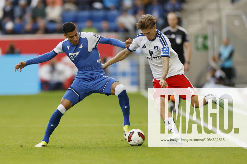 V.l.n.r.: Adam Daghim (TSG Hoffenheim) und David Moller Wolfe (HSV), im Bundesliga-Spiel zwischen der TSG 1899 Hoffenheim und dem Hamburger SV in der PreZero Arena, Sinsheim, Deutschland, am 10. Oktober 2026. in action during the Bundesliga match between TSG 1899 Hoffenheim and Hamburger SV at the PreZero Arena, Sinsheim, Germany, on October 10, 2026. DFB DFL REGULATIONS PROHIBIT ANY USE OF PHOTOGRAPHS AS IMAGE SEQUENCES AND OR QUASI-VIDEO,