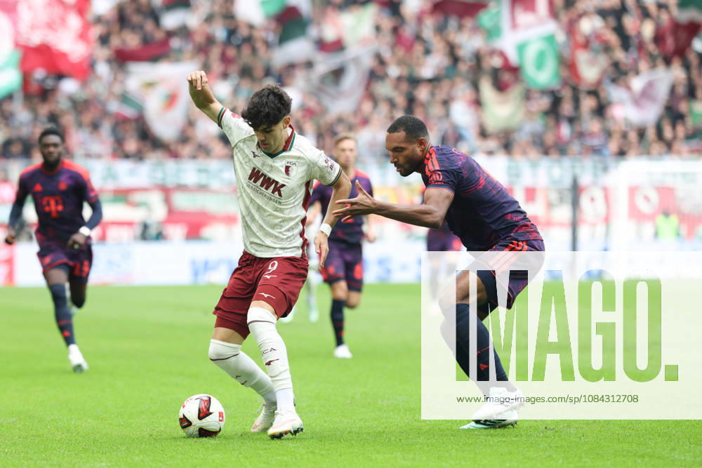 Rodrigo Ribeiro (FC Augsburg, 09) mit Ball mit Jonathan Tah (FC Bayern Muenchen, 04), GER, FC Augsburg vs. FC Bayern Muenchen, Fussball, Bundesliga, 5. Spieltag, Saison 2026 2027, 10.10.2026, , GER, FC Augsburg vs. FC Bayern Muenchen, Fussball, Bundesliga, 5. Spieltag, Saison 2026 2027, 10.10.2026 Augsburg