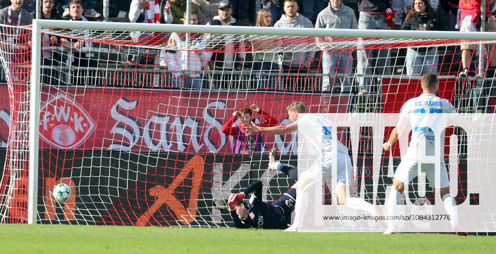 Herren, Fussball, Saison 2026 2027, 3. Liga, 8. Spieltag: FC Wuerzburger Kickers - FC Hansa Rostock v.li.: Marko Rajkovacic (FC Wuerzburger Kickers), Marco Schuster (FC Hansa Rostock) nicht im Bild erzielt das Tor zum 0:1, scores the goal 0:1, Emil Holten (FC Hansa Rostock), David Kopacz (FC Hansa Rostock) Wuerzburg AKON ARENA Bayern Deutschland