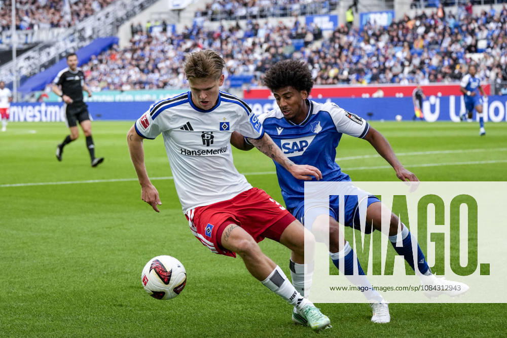 V.li.: David Möller Wolfe (HSV, 3), Bernardo Fernandes da Silva Junior (Hoffenheim, 13), Zweikampf, Spielszene, Duell, duel, tackle, tackling, Dynamik, Action, Aktion, 10.10.2026, Sinsheim (Deutschland), Fussball, Bundesliga, TSG 1899 Hoffenheim - Hamburger SV, DFB DFL REGULATIONS PROHIBIT ANY USE OF PHOTOGRAPHS AS IMAGE SEQUENCES AND OR QUASI-VIDEO.