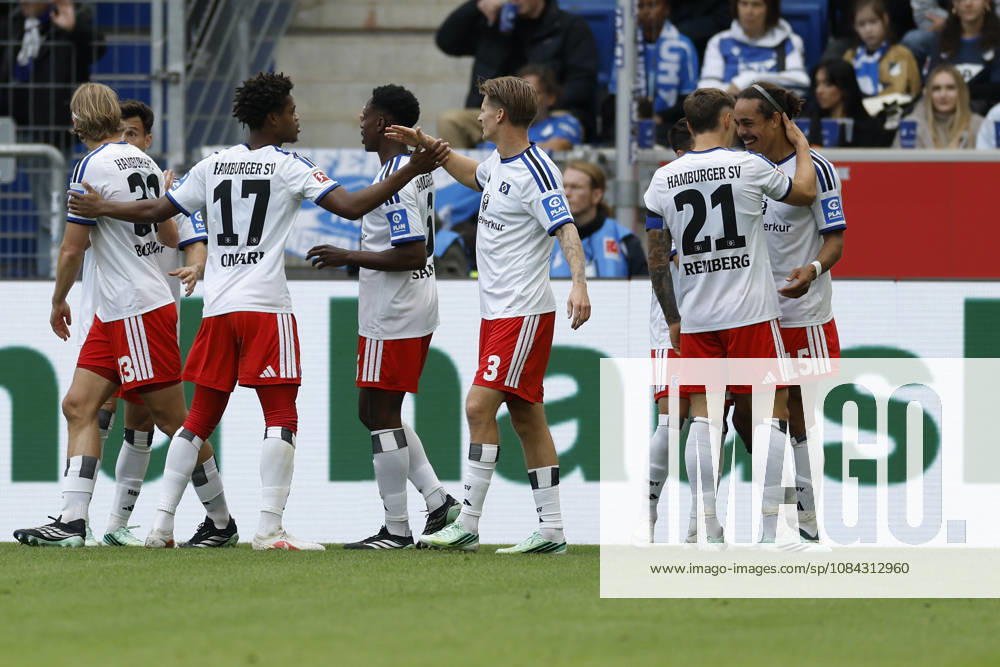 Jubel nach dem Tor zum 0:1, jubelnd, bejubelt, jubelt, jubeln, Cheers after the goal, cheering, celebrated, cheers, cheering, emotions um den Torschuetze, Scorer Yussuf Poulsen (HSV), im Bundesliga-Spiel zwischen der TSG 1899 Hoffenheim und dem Hamburger SV in der PreZero Arena, Sinsheim, Deutschland, am 10. Oktober 2026. in action during the Bundesliga match between TSG 1899 Hoffenheim and Hamburger SV at the PreZero Arena, Sinsheim, Germany, on October 10, 2026. DFB DFL REGULATIONS PROHIBIT ANY USE OF PHOTOGRAPHS AS IMAGE SEQUENCES AND OR QUASI-VIDEO,