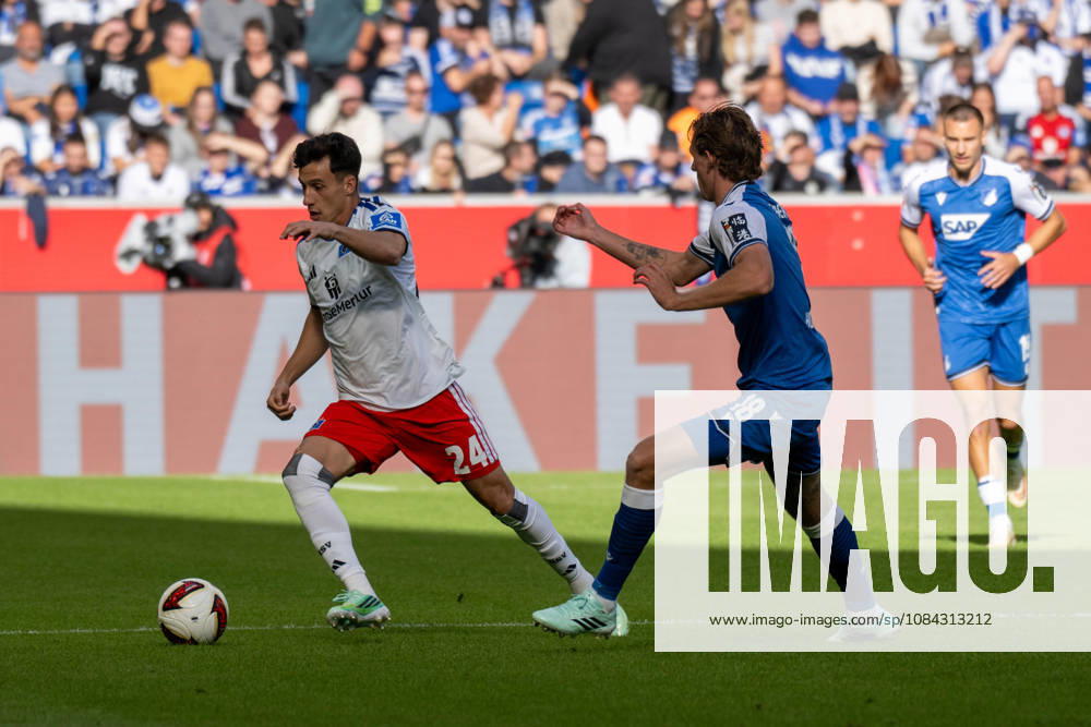Nicolas Capaldo (Hamburger SV) und Koki Machida (TSG 1899 Hoffenheim). Deutschland, Sinsheim, 10.10.2026, Fussball, Bundesliga: TSG 1899 Hoffenheim vs Hamburger SV, Saison 2026 2027, 5. Spieltag, SNP Arena DFL DFB REGULATIONS PROHIBIT ANY USE OF PHOTOGRAPHS AS IMAGE SEQUENCES AND OR QUASI-VIDEO.