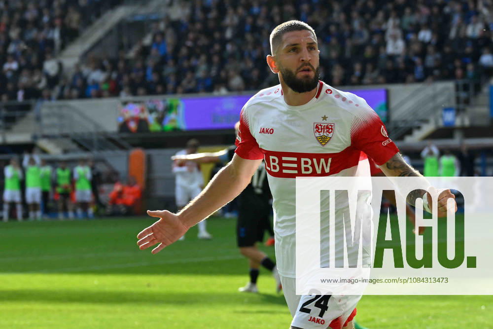 Paderborn, Home-Deluxe-Arena, 10.10.26, GER, Herren, 1.Bundesliga, Saison 2026-2027, SC Paderborn 07 - VfB Stuttgart Bild: Julian CHABOT (Stuttgart) jubelt nach seinem Tor zum 0:1 DFL regulations prohibit any use of photographs as image sequences and or quasi-video. Nordrhein-Westfalen Deutschland