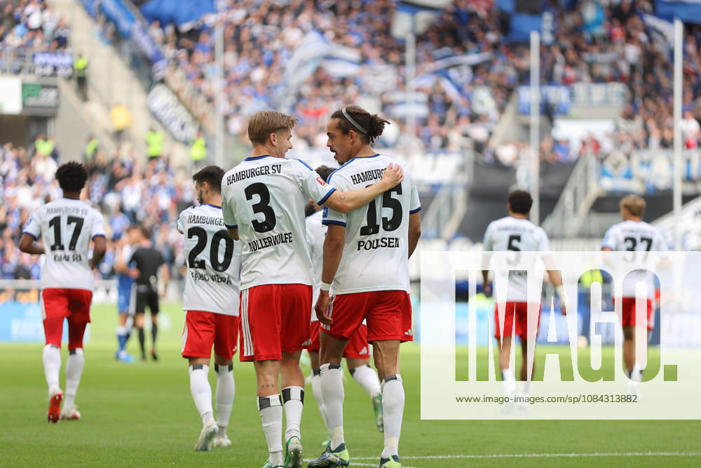 Fussball 1.Bundesliga, TSG 1899 Hoffenheim - Hamburger SV v.l. Goal scored, Tor zum 0:1 Yussuf Poulsen (Hamburger SV) Torjubel, Goal celebration, celebrate the goal, celebrates scoring Yussuf Poulsen (Hamburger SV) David Moller Wolfe (Hamburger SV) Sinsheim