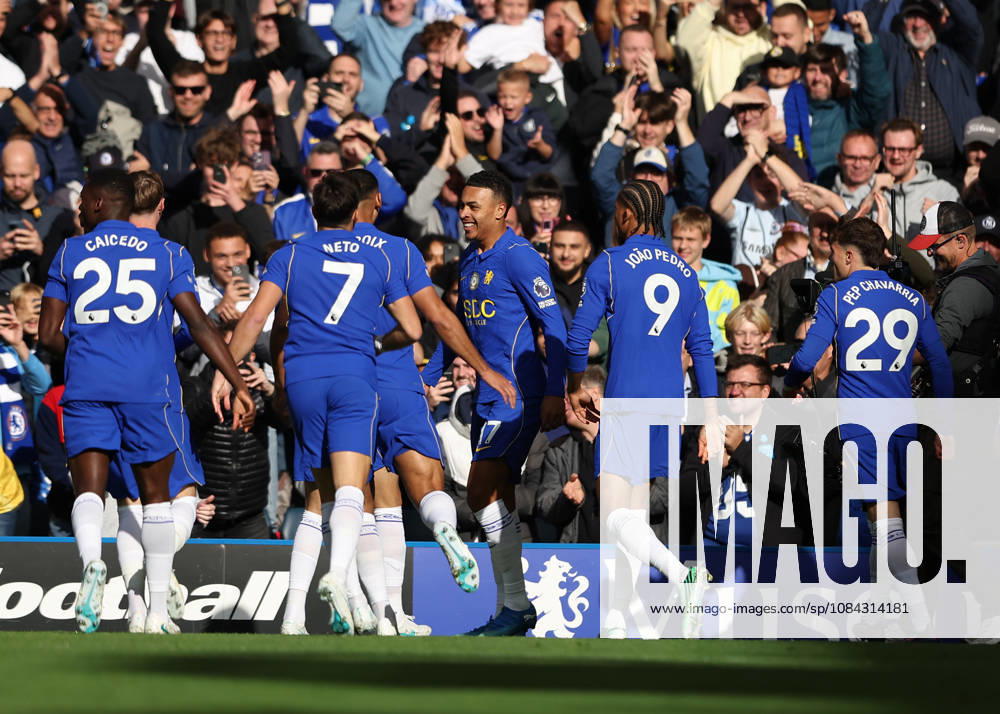 10th October 2026; Stamford Bridge, London, England; Premier League Football, Chelsea versus Bournemouth; Morgan Rogers of Chelsea celebrates with his team after scoring his sides 2nd goal in the 3rd minute to make it 2-0 JohnxPatrickxFletcher