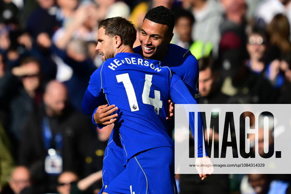 Chelsea v Bournemouth, Premier League GOAL Chelsea midfielder Jordan Henderson (14) scores a goal and celebrates with Chelsea midfielder Morgan Rogers (17) 1-0 during the Premier League match between Chelsea and Bournemouth at Stamford Bridge, London, UK on 10 October 2026. London Stamford Bridge Greater London UK Editorial use only DataCo restrictions apply See www.football-dataco.com ,
