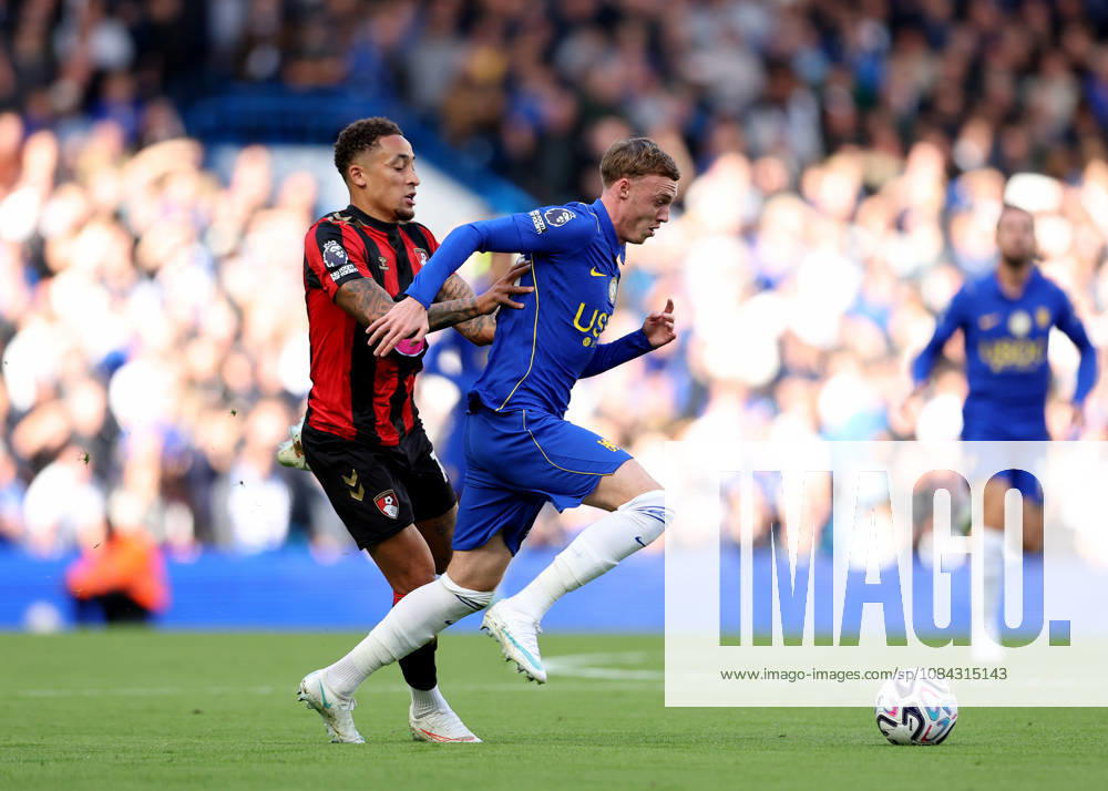 10th October 2026; Stamford Bridge, London, England; Premier League Football, Chelsea versus Bournemouth; Cole Palmer of Chelsea under pressure from Marcus Tavernier of AFC Bournemouth JohnxPatrickxFletcher