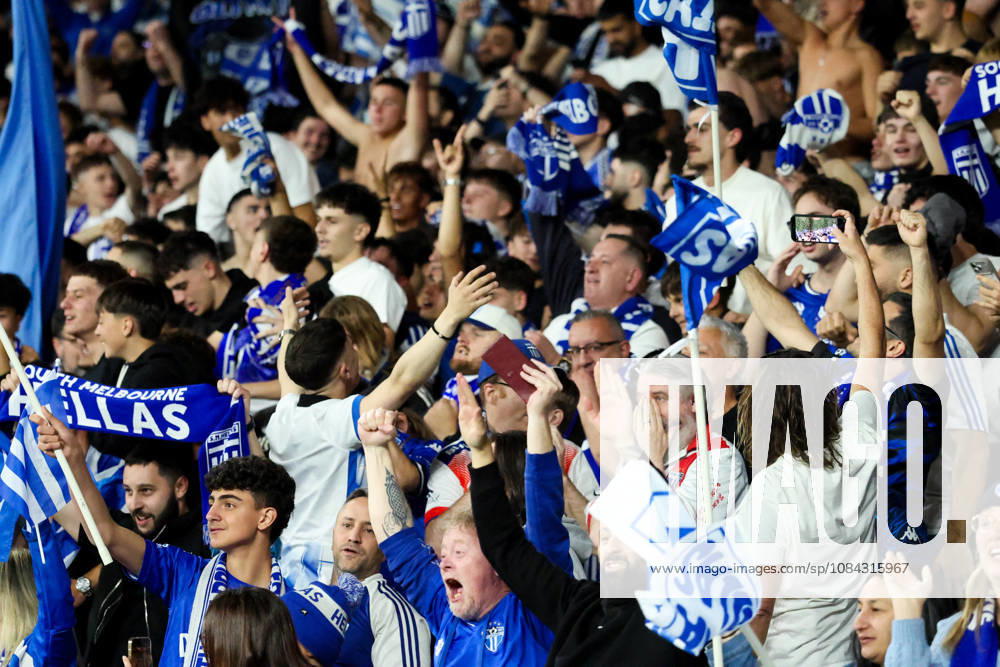 MELBOURNE, AUSTRALIA - OCTOBER 10: Fans celebrate Maximillian Mikkola of South M<elbourne FC scoring in the Australia Cup Final match against Melbourne Victory FC at AAMI Park on October 10, 2026 in Melbourne, Austr0alia. South Melbourne FC V Melbourne Victory FC - Australia Cup 2026 Final - ZUMAp121 20261010_zsp_p121_040
