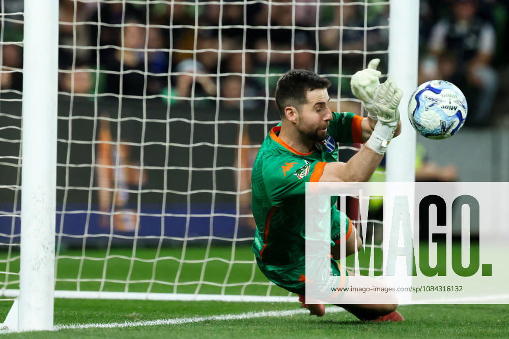 MELBOURNE, AUSTRALIA - OCTOBER 10: Javier Lopez of South Melbourne FC saves in the penalty shootout against Melbourne Victory FC in the 2026 Hahn Australia Cup Final at AAMI Park on October 10, 2026 in Melbourne, Australia. South Melbourne FC V Melbourne Victory FC - Australia Cup 2026 Final - ZUMAp121 20261010_zsp_p121_055