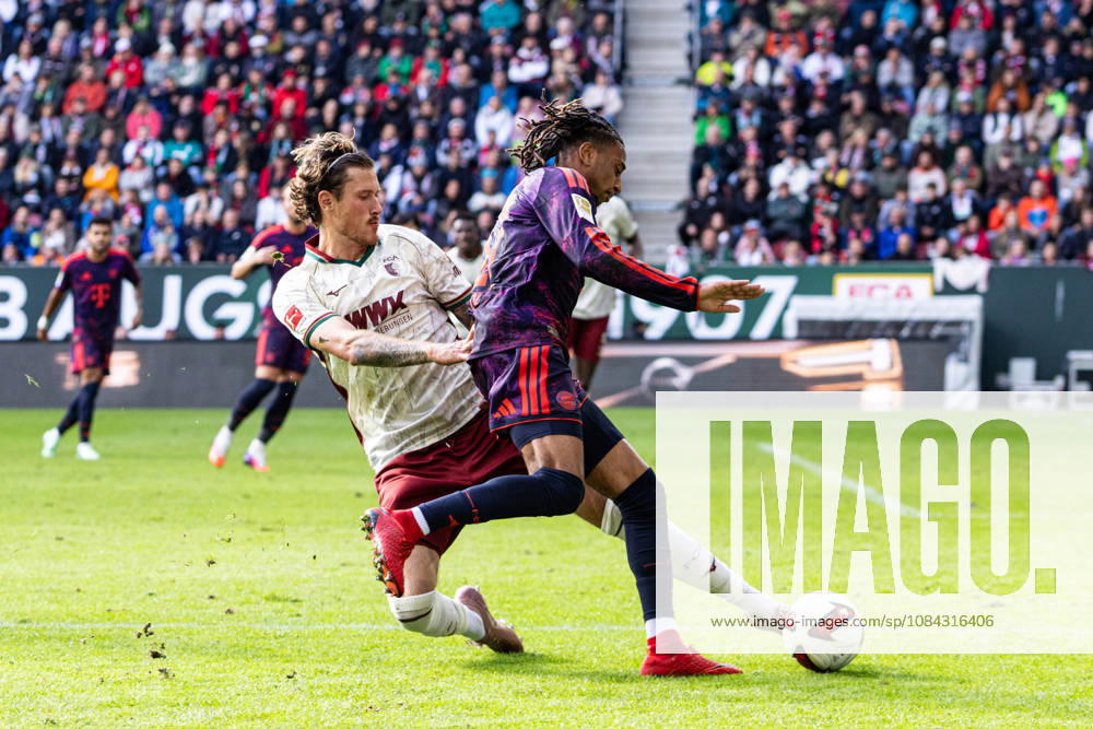 Deutschland: FC Augsburg vs FC Bayern München, 1. Bundesliga, 5. Spieltag, Saison 2026 27, WWK Arena (Augsburg): Calvin Brackelmann, (FC Augsburg, 2) im Zweikampf mit Michael Olise, (FC Bayern München, 17) Augsburg WWK Arena Bayern Deutschland