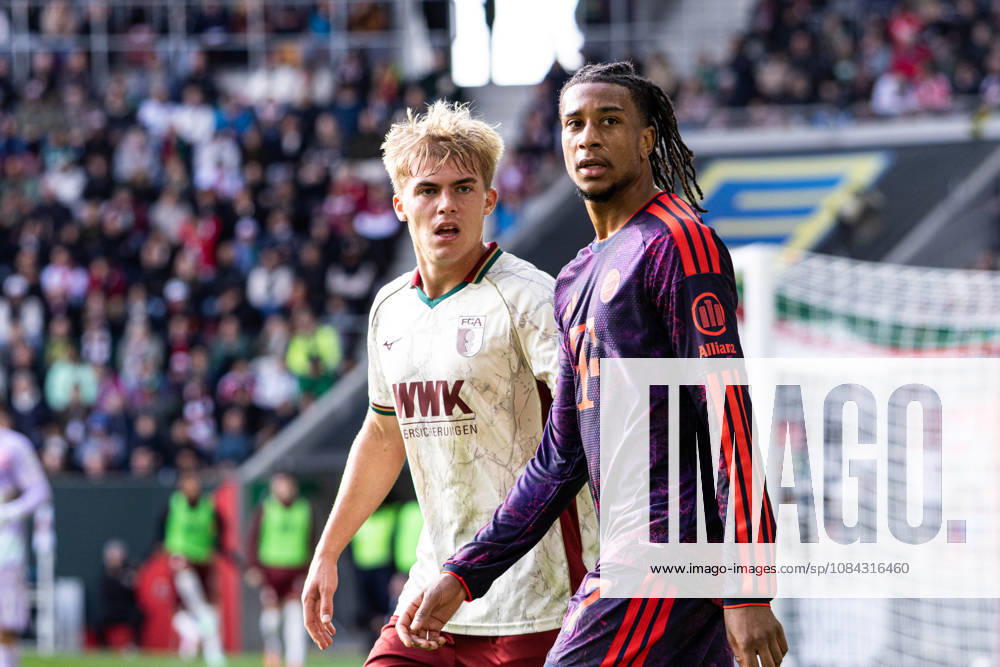 Deutschland: FC Augsburg vs FC Bayern München, 1. Bundesliga, 5. Spieltag, Saison 2026 27, WWK Arena (Augsburg): Hennes Behrens, (FC Augsburg, 16), Michael Olise, (FC Bayern München, 17) Augsburg WWK Arena Bayern Deutschland