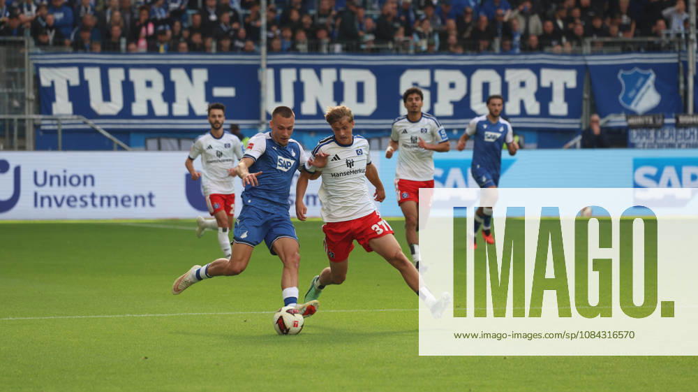Fussball 1.Bundesliga, TSG 1899 Hoffenheim - Hamburger SV v.l. Tim Lemperle (TSG 1899 Hoffenheim) Louis Lemke (Hamburger SV) Zweikampf, Aktion, action, battle for the ball Sinsheim