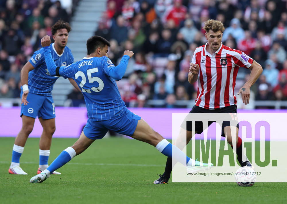 Sunderland, England, 10th October 2026. Thomas Meunier (R) of Sunderland in action with Diego Gomez of Brighton during the Sunderland vs Brighton and Hove Albion Premier League match at the Stadium Of Light, Sunderland. Picture credit should read: Nigel Roddis Sportimage . SPI_012_NR_SUND_BRIG SPI-5059-0012