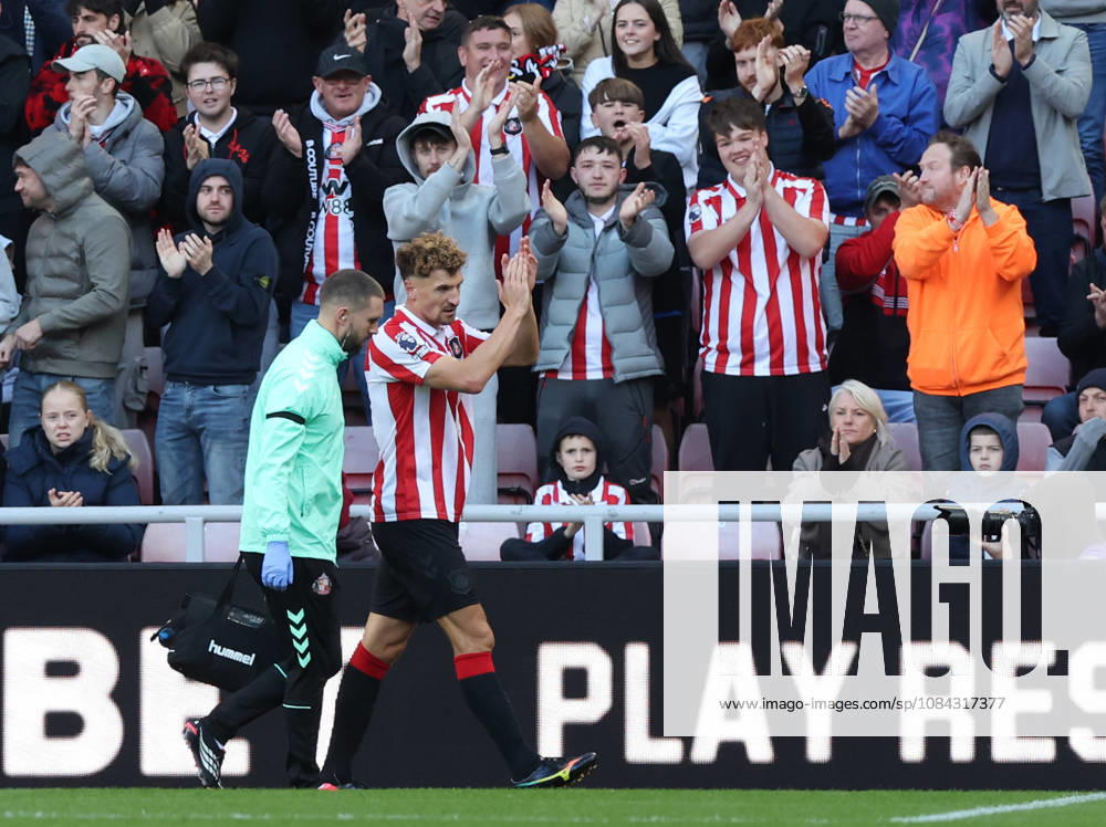Sunderland, England, 10th October 2026. Thomas Meunier of Sunderland goes off injured during the Sunderland vs Brighton and Hove Albion Premier League match at the Stadium Of Light, Sunderland. Picture credit should read: Nigel Roddis Sportimage . SPI_014_NR_SUND_BRIG SPI-5059-0014
