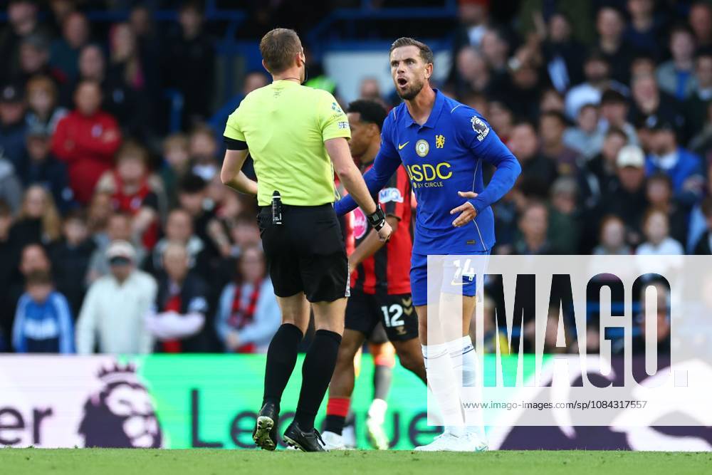 Jordan Henderson of Chelsea questions match referee Samuel Barrott Chelsea v Bournemouth, Premier League, Football, Stamford Bridge, London, UK - 10 Oct 2026London Stamford Bridge United Kingdom