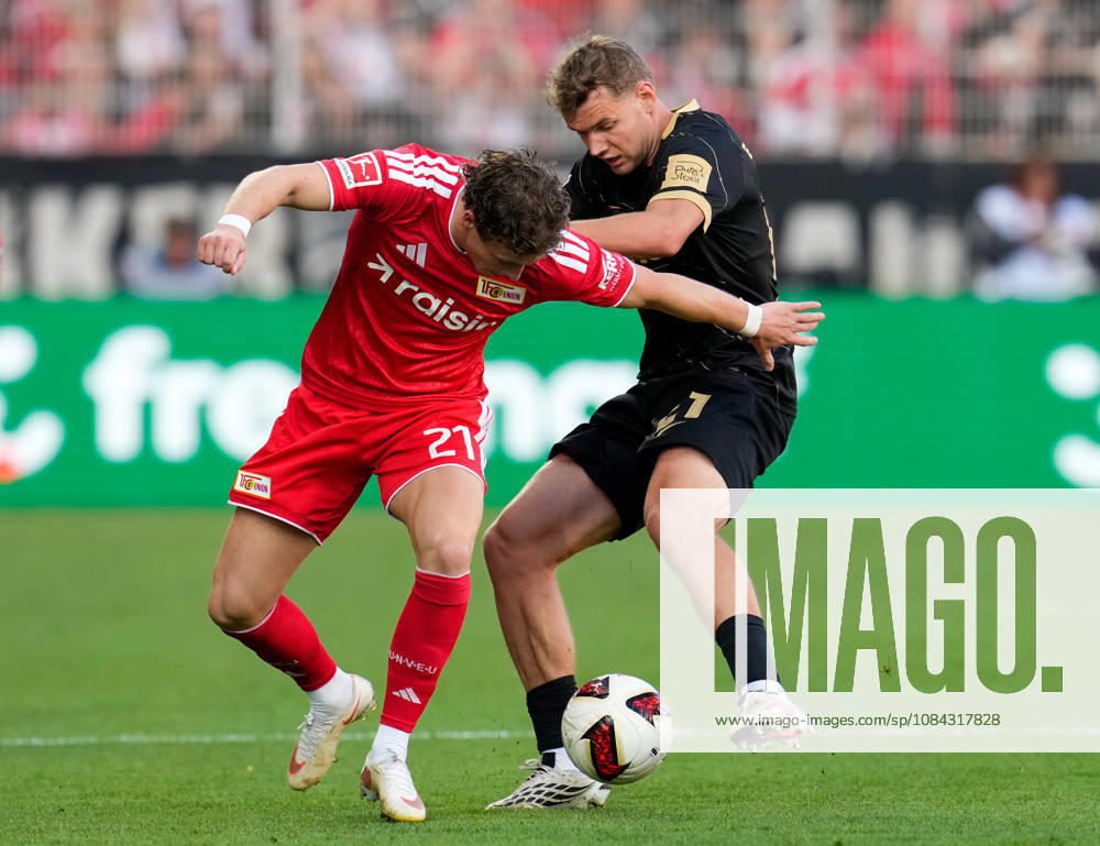 Tim Skarke (1. FC Union Berlin, 21) im Zweikampf mit Lasse Guenther (SV Elversberg, 21). GER, 1.FC Union Berlin vs SV Elversberg, 1. Bundesliga, 5. Spieltag, Saison 2026-27, Stadion An der Alten Foersterei, Berlin, 10.10.2026 DFL REGULATIONS PROHIBIT ANY USE OF PHOTOGRAPHS AS IMAGE SEQUENCES AND OR QUASI-VIDEO 1.FC Union Berlin vs SV Elversberg, 1. Bundesliga, 5. Spieltag, Saison 2026-27, 10.10.2026 Berlin