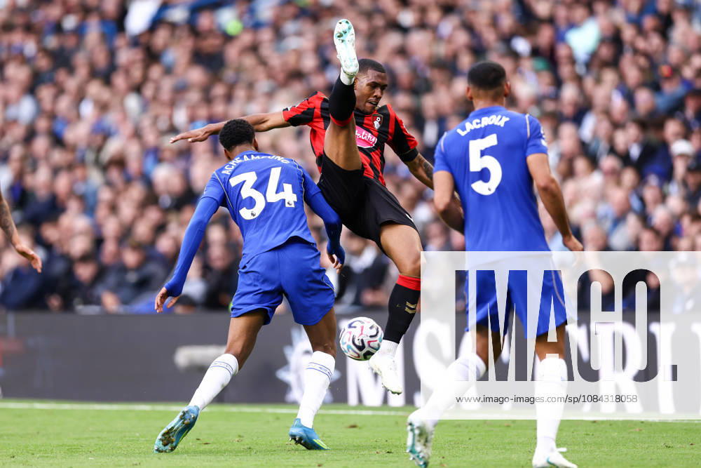 Chelsea v Bournemouth 10 October 2026, London - Premier League Football - Chelsea v Bournemouth - Rayan of Bournemouth falls over Josh Acheampong of Chelsea - Photo: Jacques Feeney Offside. London UK